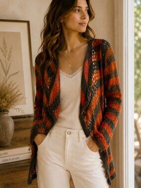 Anthropologie Guinevere Loose Stripes Pointelle Cardigan Orange Gray XS